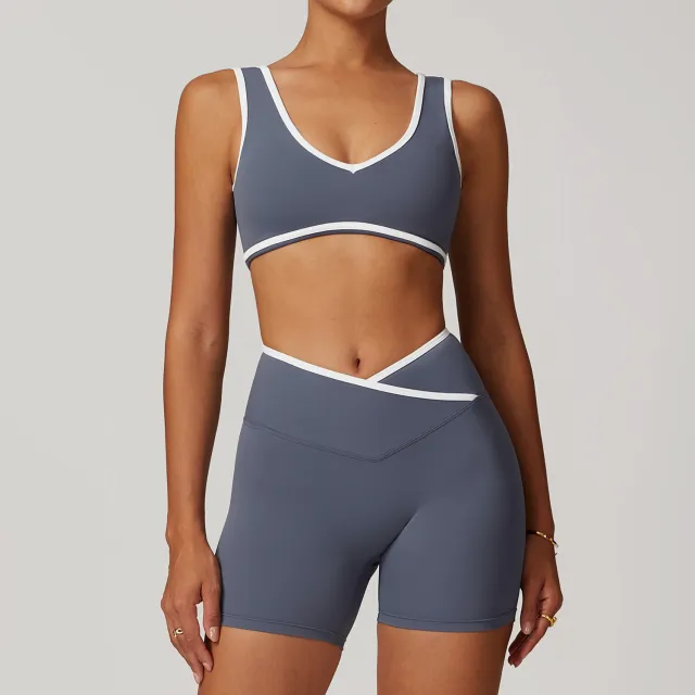 Cross High Top Sports Suit Female Fitness Yoga Wear Bra Shorts Blue Gray - Shop at LoveMi