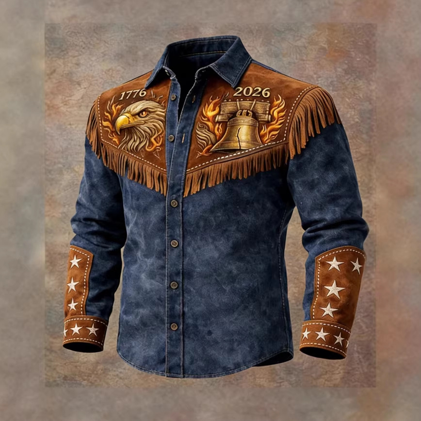 Mens Retro Distressed Western US 250th Anniversary Print Shirt