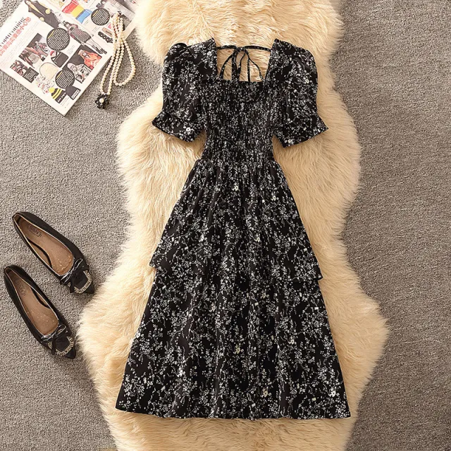 French Square Collar Floral Dress Waist Slimming Women Black - Shop at LoveMi