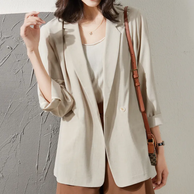 Thin Style In Beige Sun-proof All-matching Loose Breathable Suit Top - Apricot