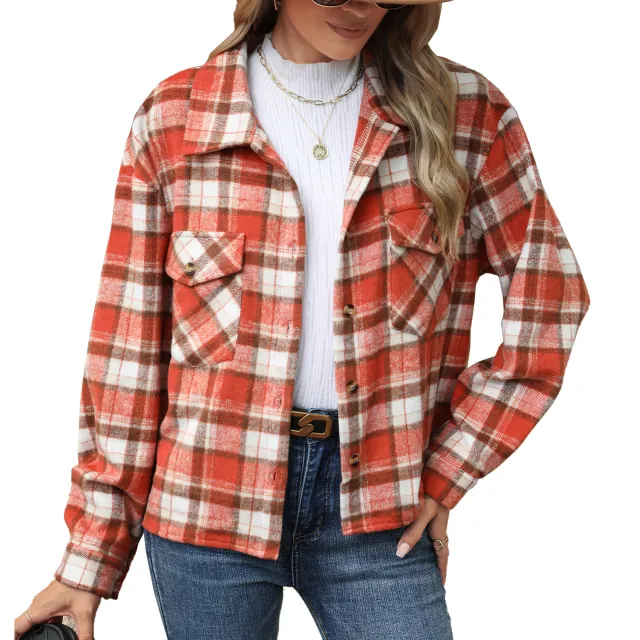 Lapel Plaid Button Loose Long sleeved Woolen Coat Orange - Shop at LoveMi