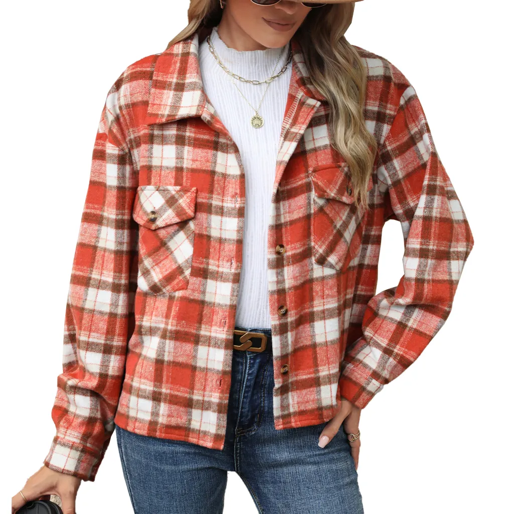 Lapel Plaid Button Loose Long-sleeved Woolen Coat - Orange