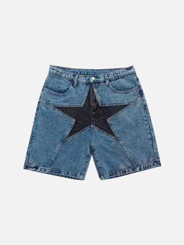 Loose Contrast Color Five pointed Star Patch Denim Shorts Blue - Shop at LoveMi