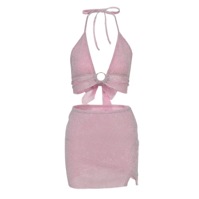 Lace up Asymmetrical Camisole And Skirt Set Pink - Shop at LoveMi