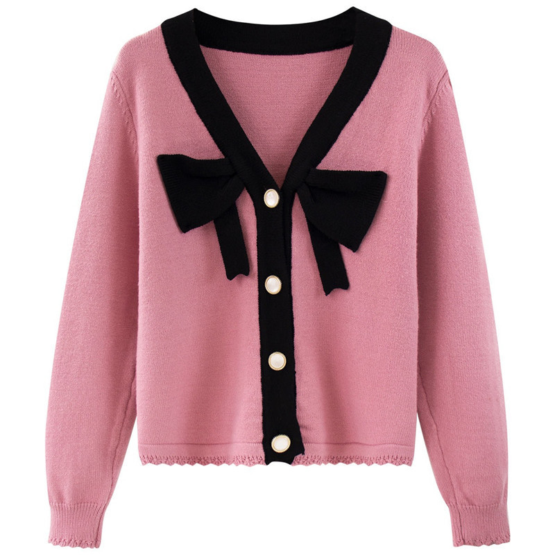 Loose Contrast Color Bow Knitted Single-breasted Cardigan Sweater