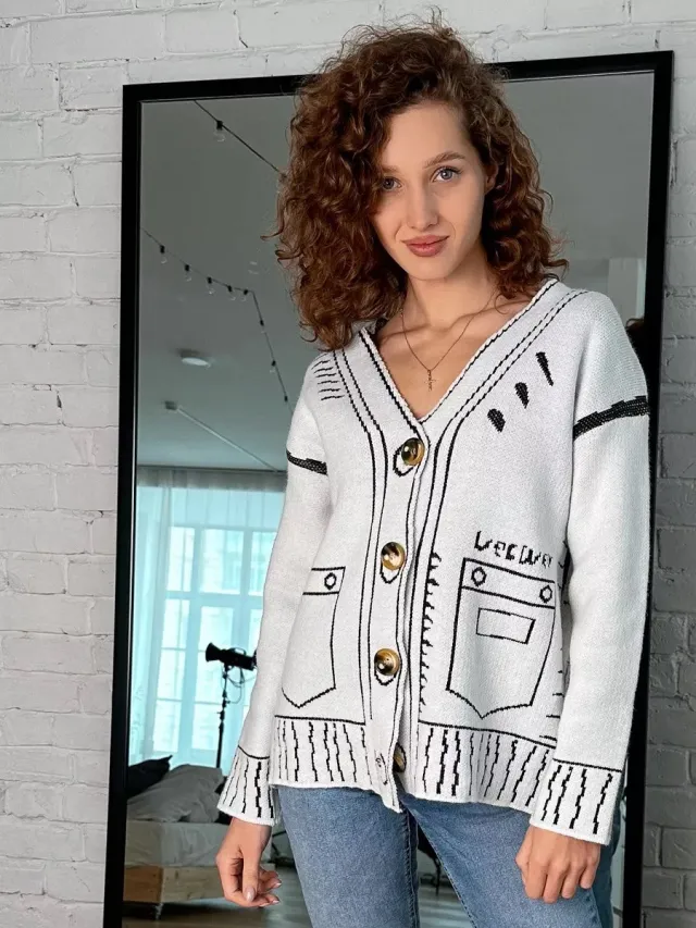 Sweater Decoration Pocket Contrast Color Cardigan Women's Clothes White - Shop at LoveMi