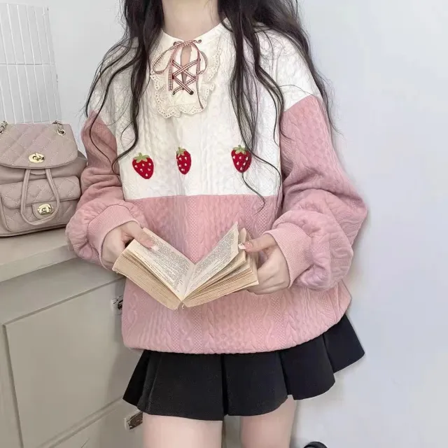 Patchwork Sweater Loose All matching Top Pink With Velvet Lining Style - Shop at LoveMi