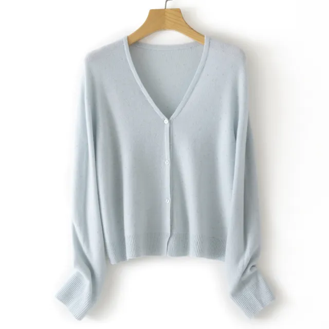 Women's Double Face Wool Leather V neck Long sleeved Knitted Cardigan Milk Blue - Shop at LoveMi