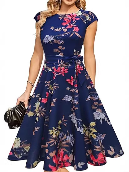 Elegant Round-neck Sleeveless Tie-waist Printed Dress