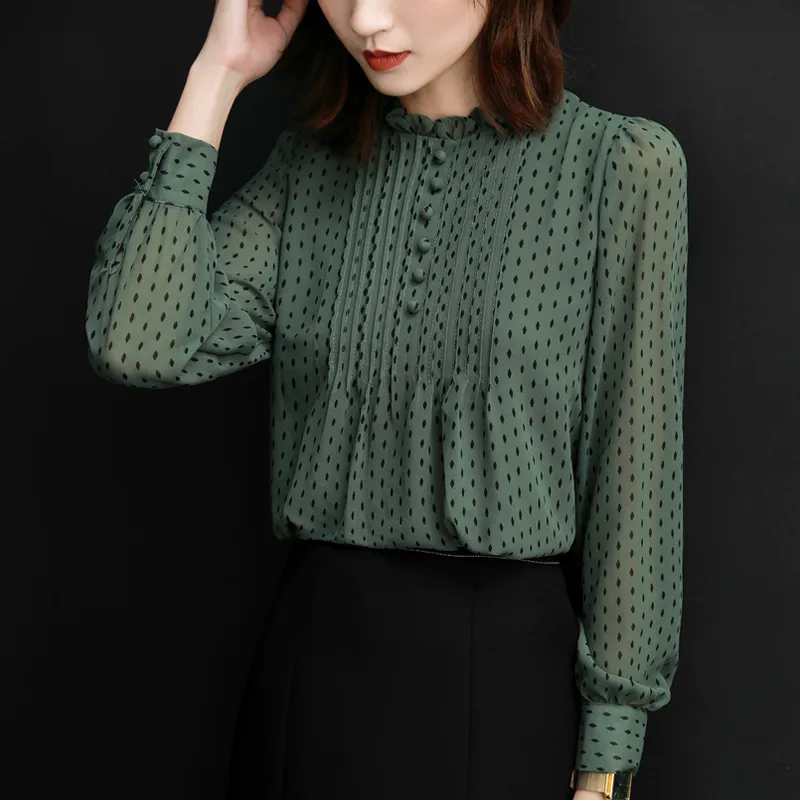 Fashion Stand Collar Polka Dot Chiffon Shirt Long Sleeve - Tan