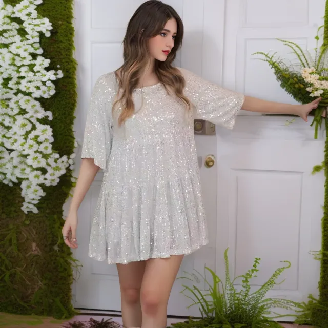 Fashionable Round neck Loose fit Short sleeve Dress With Sequins White - Shop at LoveMi