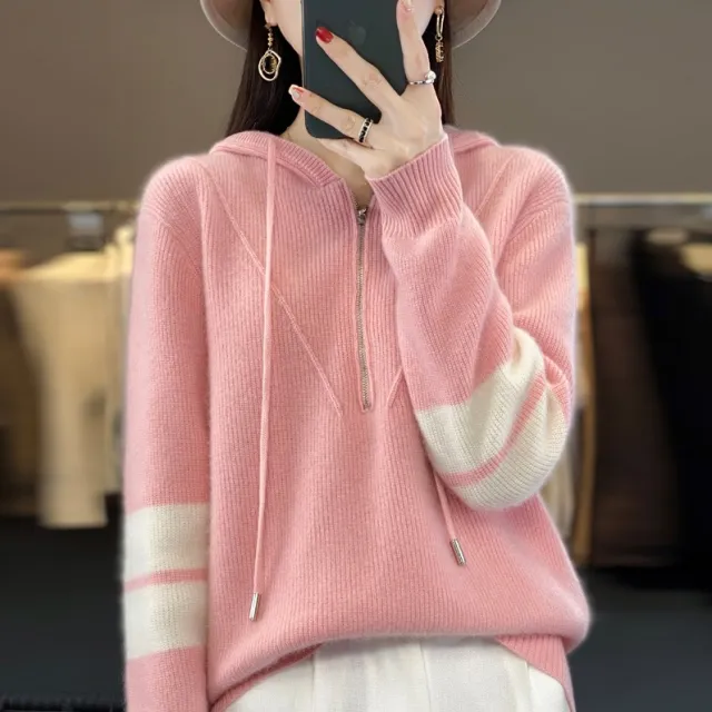 Hooded Zipper Thickening Knitwear Women's Color Matching Sweater Pink - Shop at LoveMi