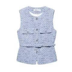 Spring New Casual Belt Vest Women's Clothing With Belt Texture Vest - Blue - View 1