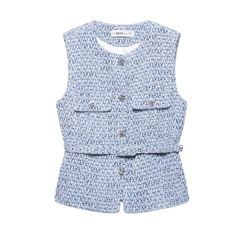 Spring New Casual Belt Vest Women's Clothing With Belt Texture Vest - Blue
