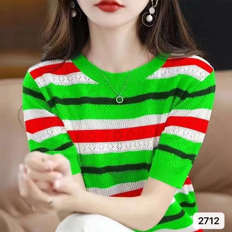 Color Matching Hollow Out Half Sleeve Loose Striped Top - Green