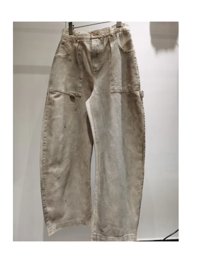 Fashion Splashed Ink Printing Distressed Dirty Color Wide Leg Jeans Fashionable Loose - Shop at LoveMi