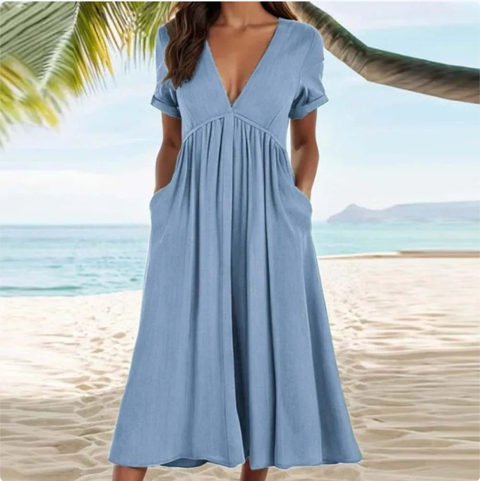 Spring And Summer Solid Color Short sleeved Cotton And Linen Large Swing Waist Dress Blue - Shop at LoveMi