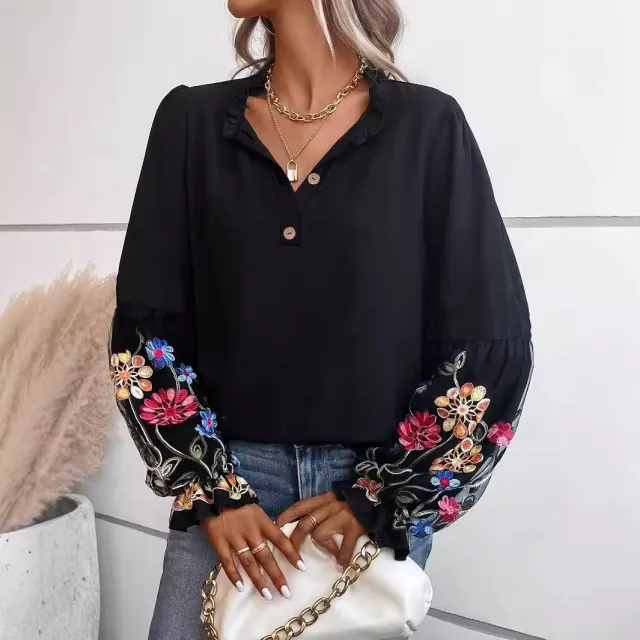 European And American Women's Long sleeved Blouse Summer New Vacation Casual V neck Top Black - Shop at LoveMi