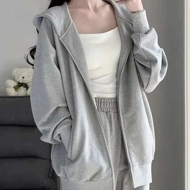 Autumn And Winter Loose Lazy Style Hooded Jacket Student Korean Version Wide leg Pants Casual Two piece Set Gray Coat Single Piece - Shop at LoveMi