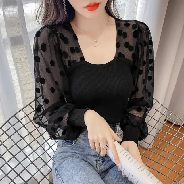 Mesh Puff Sleeve Stitching Ice Silk Top Women Black - Shop at LoveMi