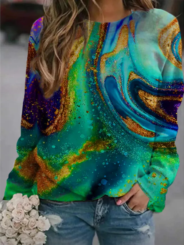 Women's Printed Abstract Oil Painting Sweater Blue - Shop at LoveMi