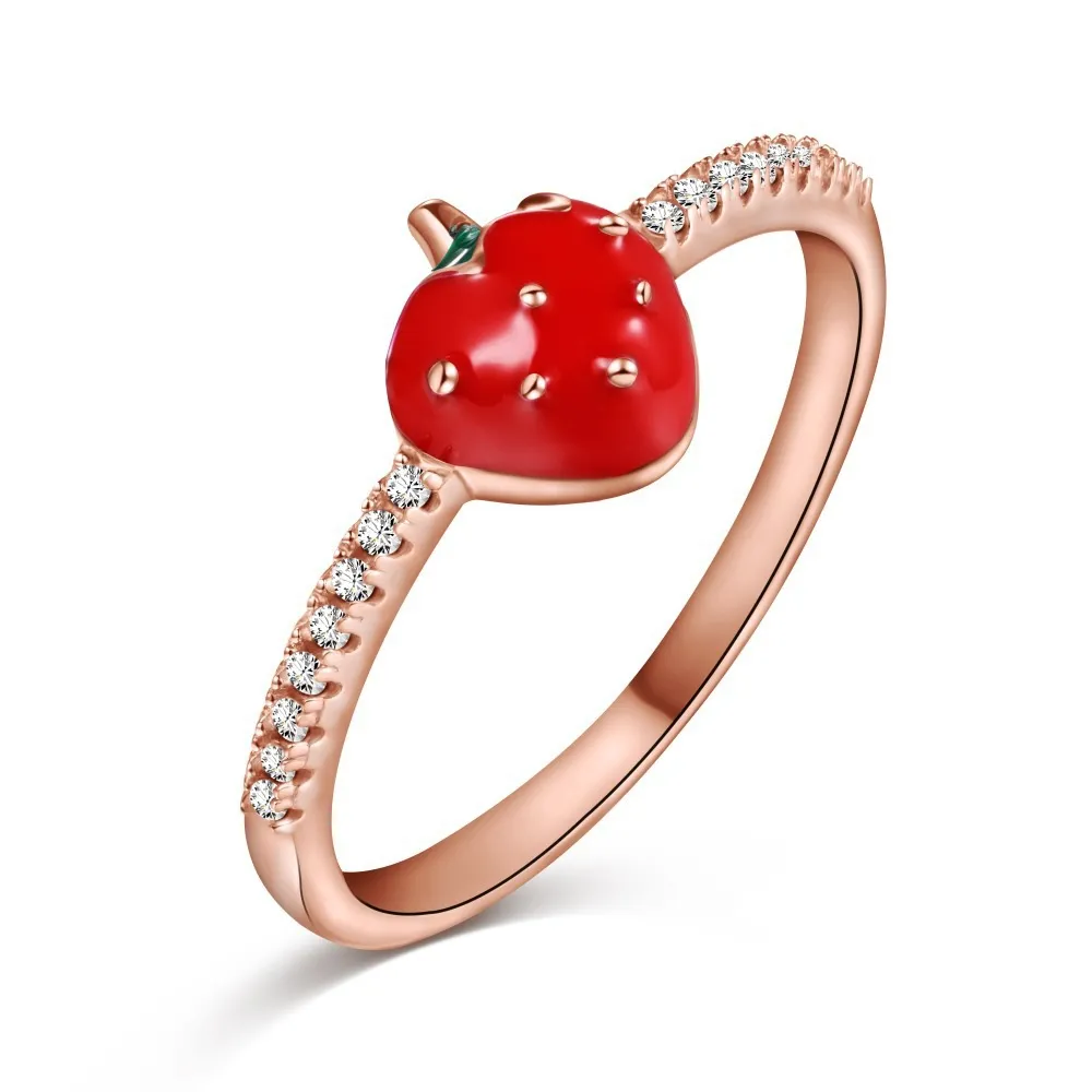 S925 Sterling Silver Strawberry Epoxy Zircon Cute Artsy Ring - Rose Gold