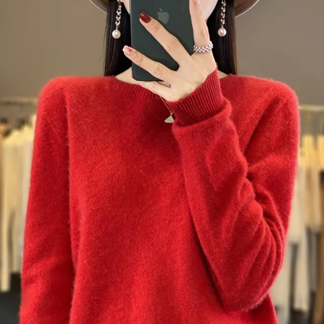 Women's Round Neck Sweater Loose Knitted Bottoming Sweater Red - Shop at LoveMi