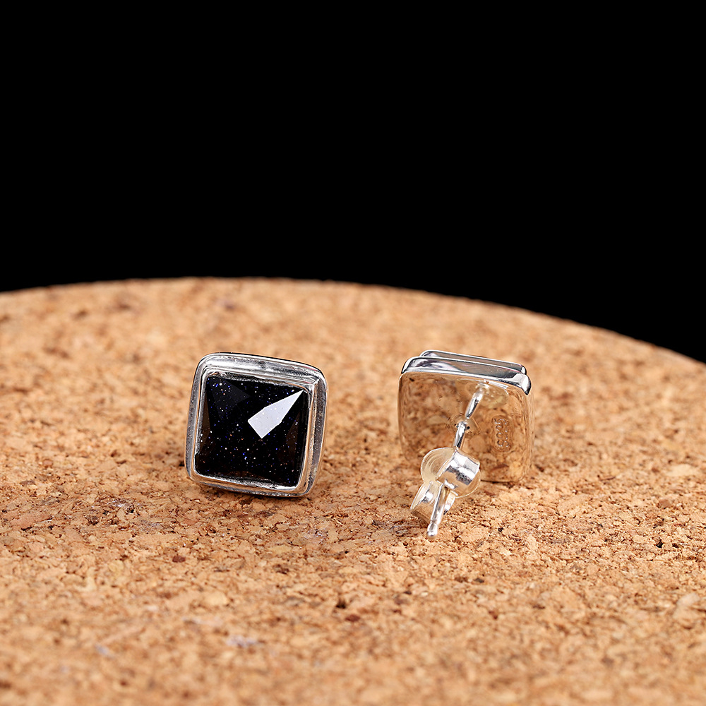 S925 Silver Accessories Cut Black Agate Stud Earrings