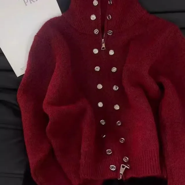 Thickened Lazy Zipper Collar Sweater Coat For Women Red - Shop at LoveMi