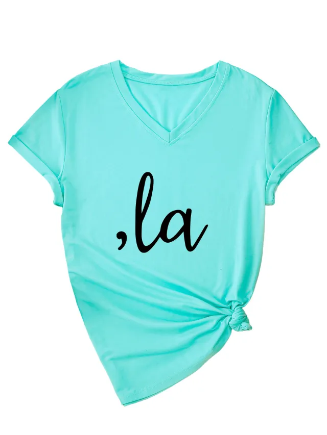 Letter V neck T shirt Simple Women 3812 Deep Water Blue - Shop at LoveMi
