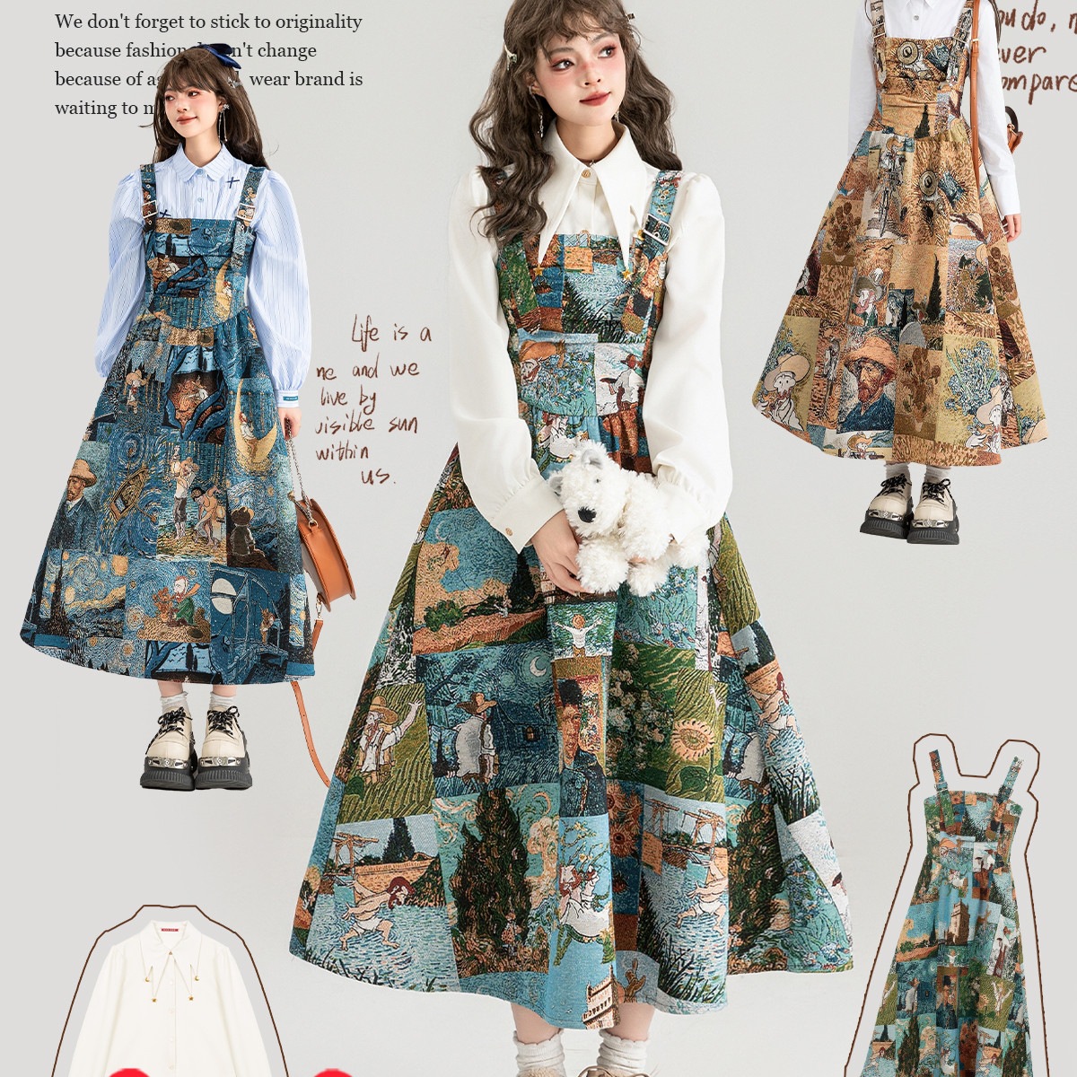 Jacquard Oil Painting Style Shoulder Strap Dress For Women