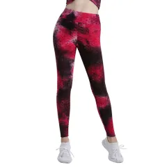 High Waist Workout Bubble Tie-dye Yoga Pants - Rose Red - View 1