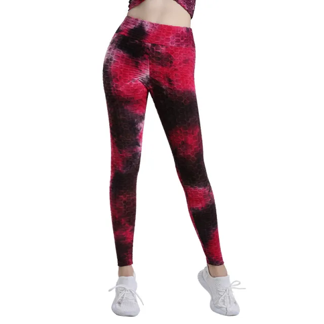 High Waist Workout Bubble Tie dye Yoga Pants Rose Red - Shop at LoveMi