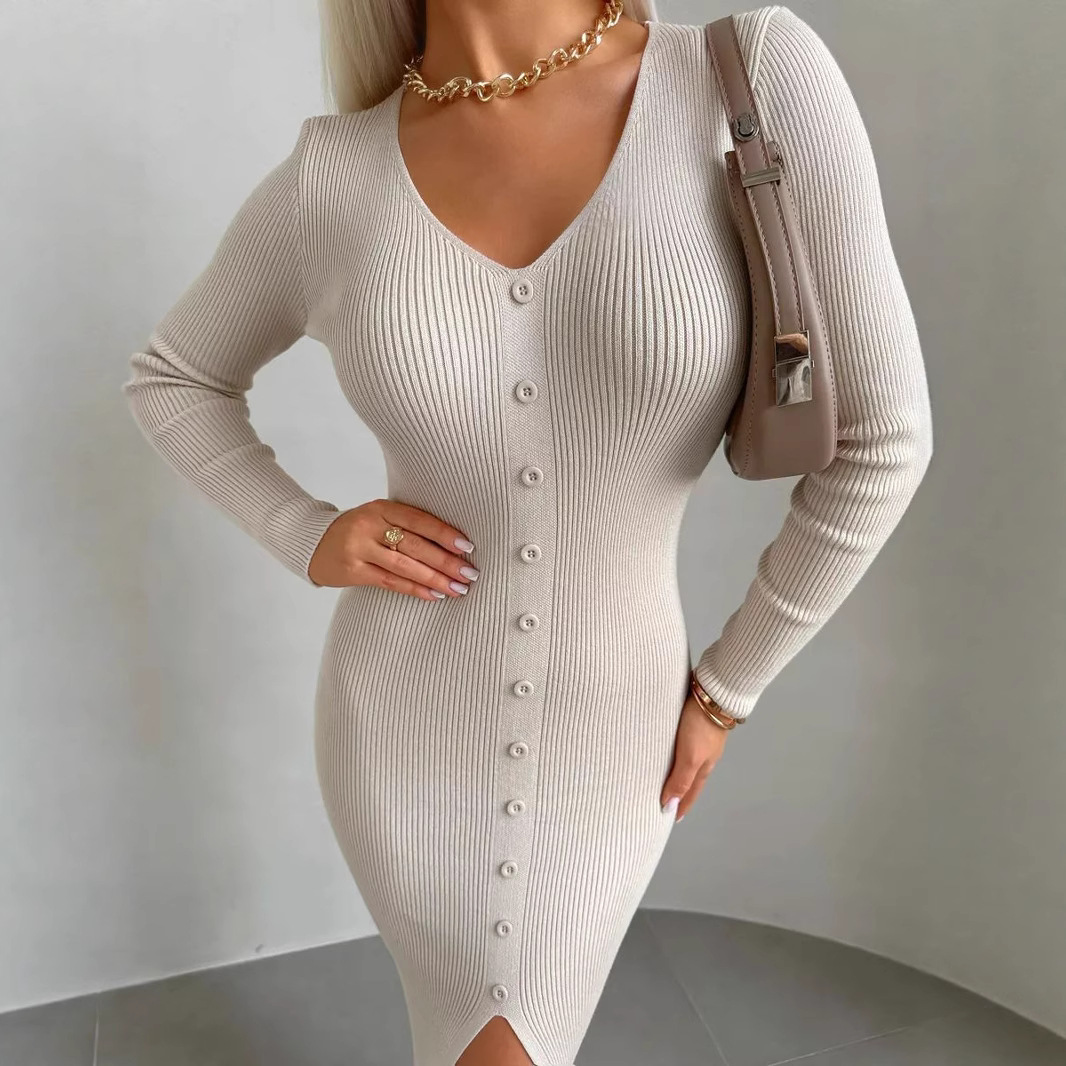 Slim Fit Slit Slimming Elegant Single-breasted Knitted Sheath Dress