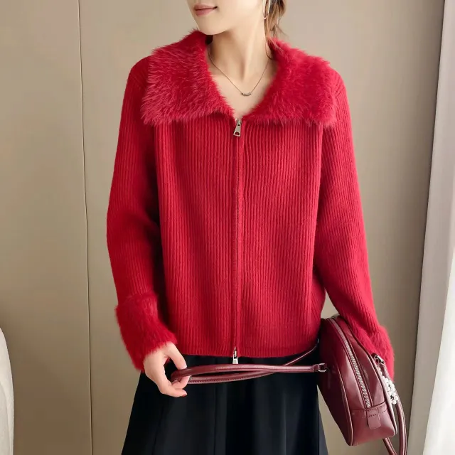 Korean Style Double Zipper Lapel Patchwork Cuff Sweater Red - Shop at LoveMi