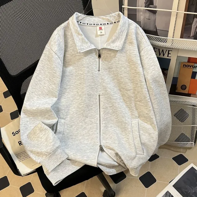 American style High street Relaxed fit Hoodie With Double Zippers Light Gray - Shop at LoveMi