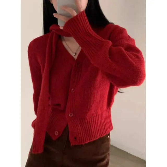 Warm Halter Scarf Design Sense Niche V neck Sweater Women's Long sleeved Sweater Red - Shop at LoveMi