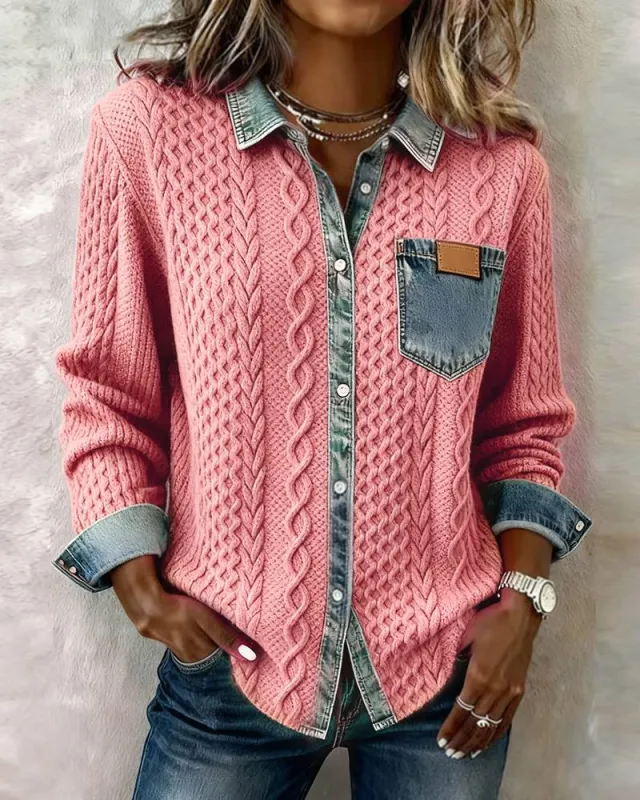 Women's Fashion Knit and jean Patchwork Shirt For Fall And Winter Pink - Shop at LoveMi