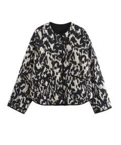 Women's Leopard Print Crew Neck Coat - Black And White - View 1