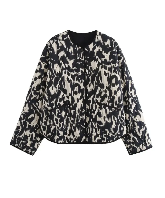 Women's Leopard Print Crew Neck Coat - Black And White