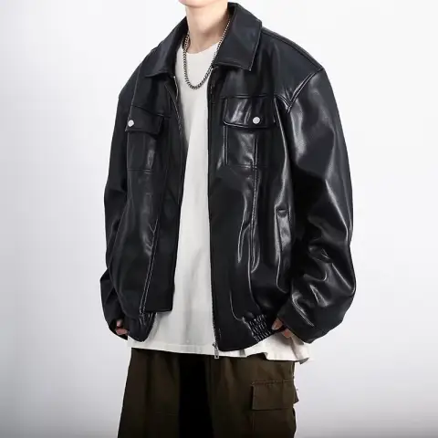 Retro Textured Motorcycle Clothing Leather Coat for Men Loose