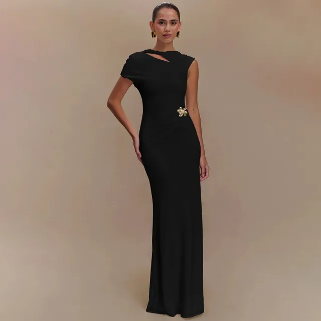 Backless Waist Trimming Solid Color Short Sleeve Dress Black - Shop at LoveMi