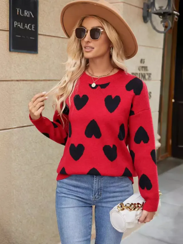 Knitted Jacquard Round Neck Pullover Long Sleeve Sweater Coat Sweater Women Red - Shop at LoveMi