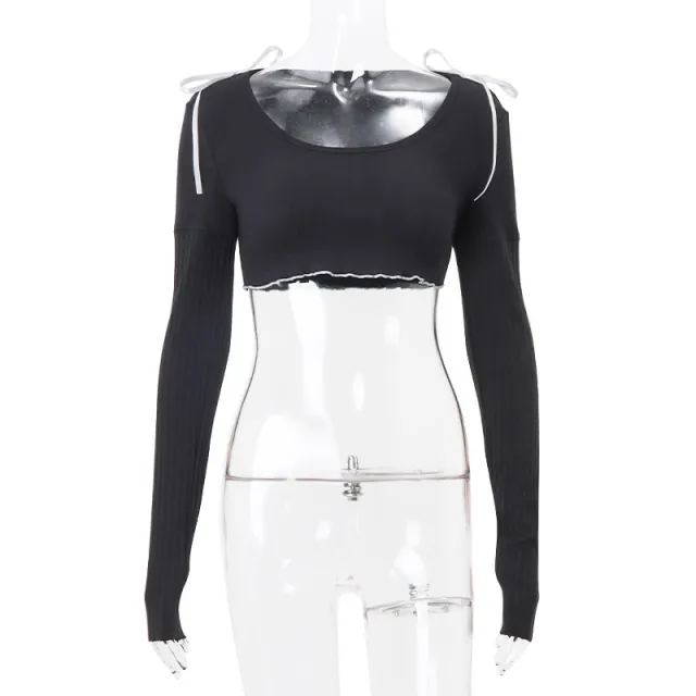 Women's Square Collar Short Tied Long Sleeves Top Black - Shop at LoveMi