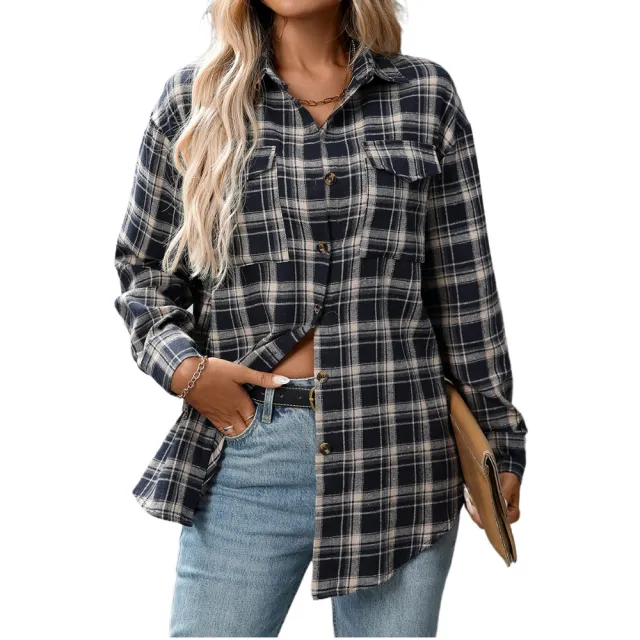 Casual Fashion Loose Plaid Pocket Shirt For Women Navy Blue - Shop at LoveMi