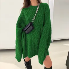Round Neck Hip Twist Casual Loose Dress Sweater - Green - View 1