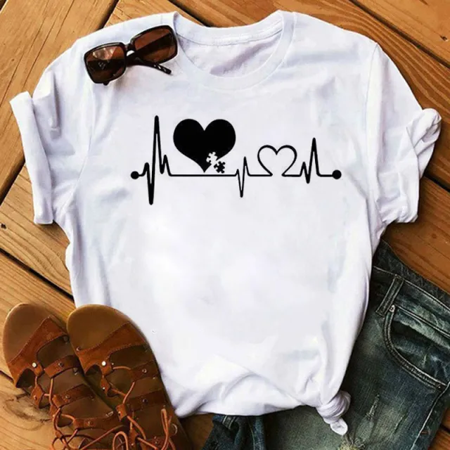New Spring Summer Women's Wear Short Sleeve Nurse Heartbeat Printed T shirt Bottoming Shirt Top Color62222 S - Shop at LoveMi