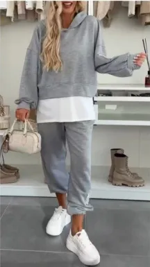 Spring And Autumn Women's Hooded Fashion Solid Color Casual Suit Silver Gray - Shop at LoveMi