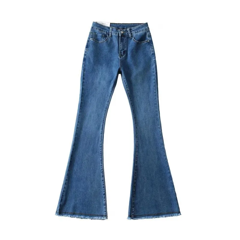 Autumn And Winter Fashion Small High Waist Raw Hem Jeans Retro Distressed Small Man Stretchy Wide-leg Slim Flare Pants - Blue
