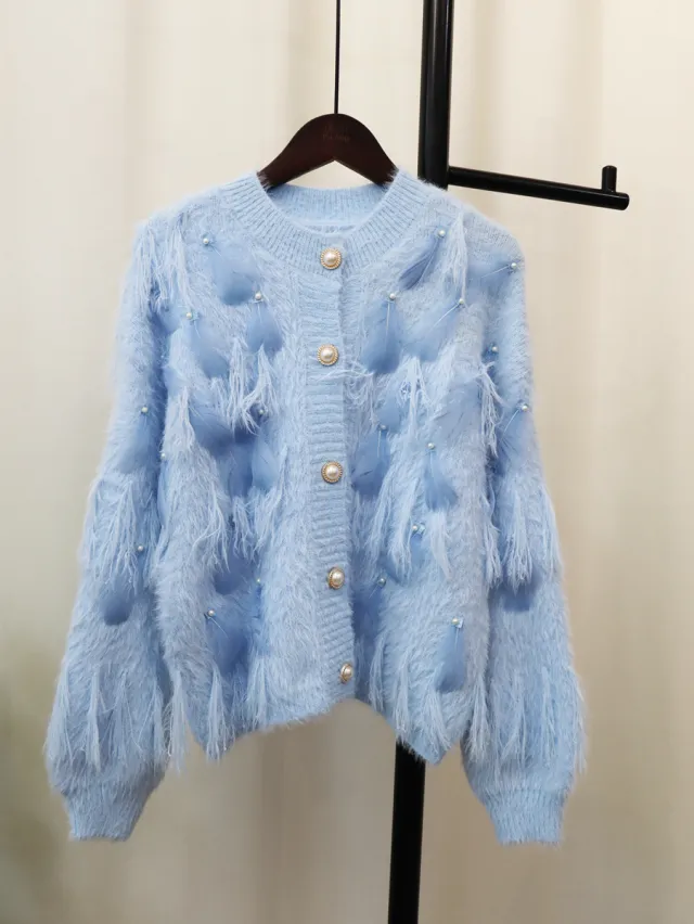 Artificial Mink Fur Gentle Design Feather Beaded Tassel Knitted Cardigan Sweater Coat Blue - Shop at LoveMi